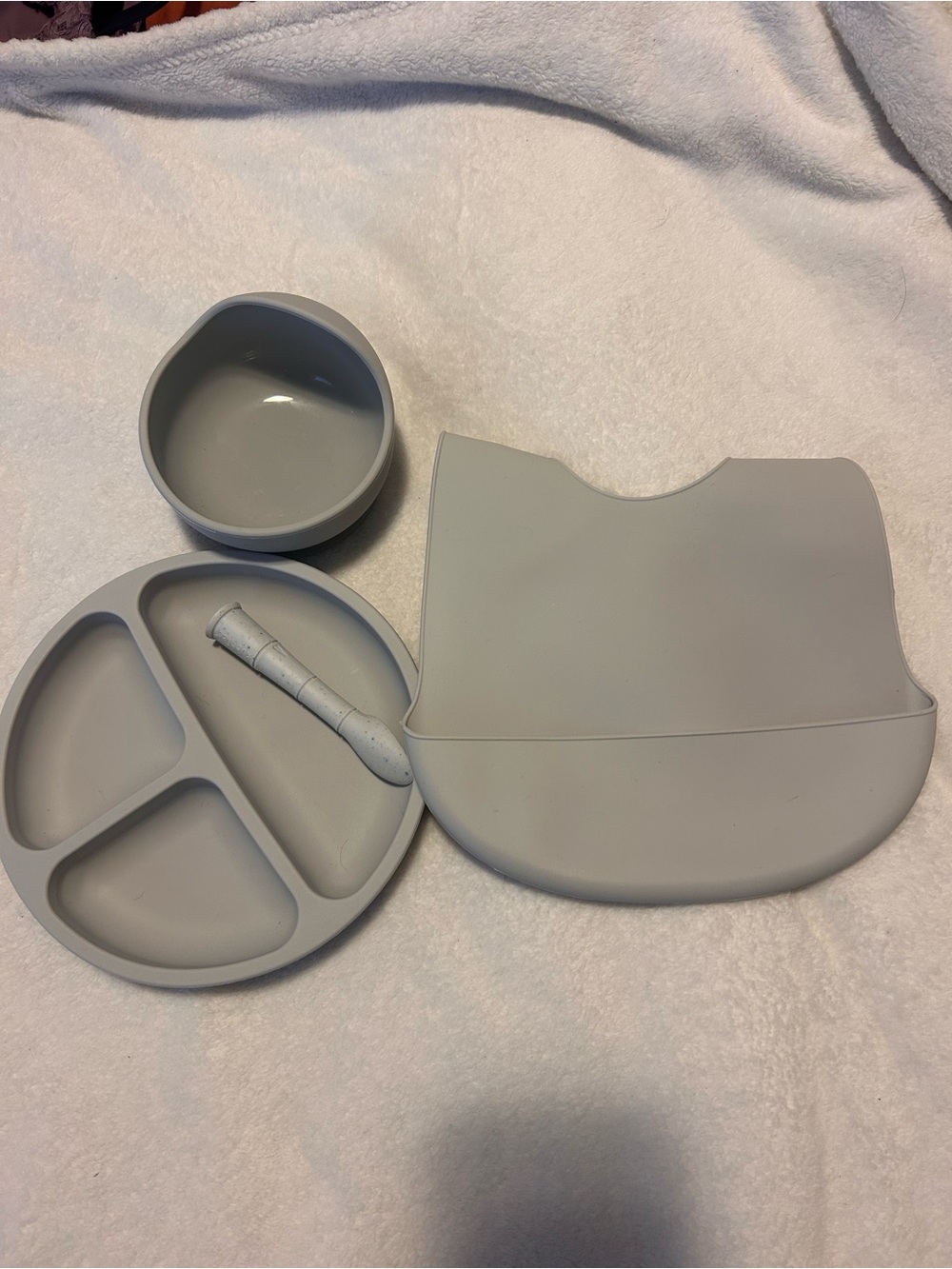 Silicone Baby Feeding Set - Gray Bib, Plate, Bowl & Spoon
